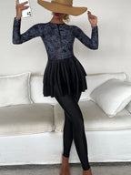 Floral Print Tankini Set Long Sleeve Zip Front Full Body Longline Swim Shirt & Leggings 2 Piece Swimsuit - All About Eg