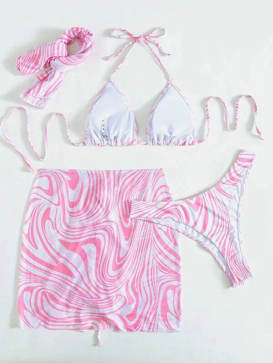 4pack Fluid Pattern Halter Bikini Swimsuit & Beach Skirt - All About Eg