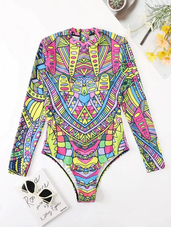 Allover Print Zip Back One Piece Swimsuit - All About Eg
