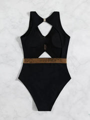 Striped Cut Out One Piece Swimsuit - All About Eg