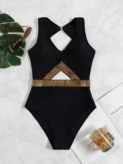 Striped Cut Out One Piece Swimsuit - All About Eg