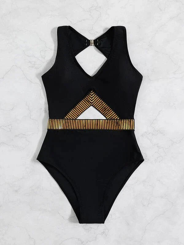 Striped Cut Out One Piece Swimsuit - All About Eg