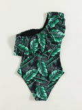 Floral Striped Ruffle Gradient Print One Piece Swimsuit - All About Eg