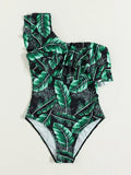 Floral Striped Ruffle Gradient Print One Piece Swimsuit - All About Eg