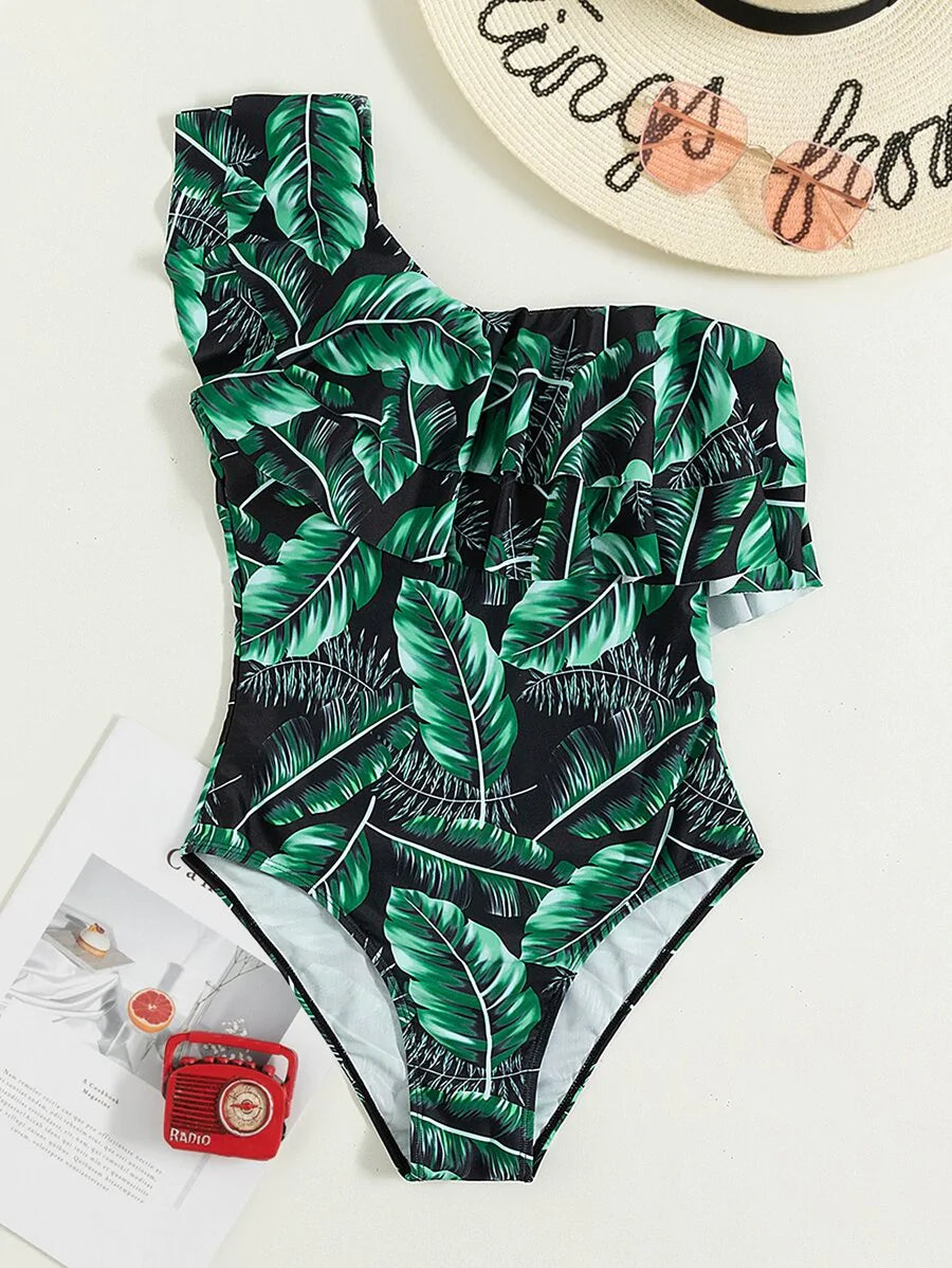 Floral Striped Ruffle Gradient Print One Piece Swimsuit - All About Eg