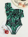 Floral Striped Ruffle Gradient Print One Piece Swimsuit - All About Eg