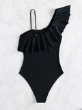 Ruffle Trim Contrast Mesh One Piece Swimsuit - All About Eg