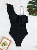 Ruffle Trim Contrast Mesh One Piece Swimsuit - All About Eg