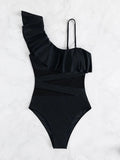 Ruffle Trim Contrast Mesh One Piece Swimsuit - All About Eg