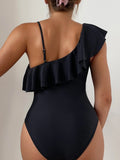 Ruffle Trim Contrast Mesh One Piece Swimsuit - All About Eg