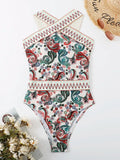 Paisley Chevron Stripe Tape High Neck One Piece Swimsuit - All About Eg