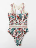 Paisley Chevron Stripe Tape High Neck One Piece Swimsuit - All About Eg