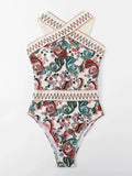 Paisley Chevron Stripe Tape High Neck One Piece Swimsuit - All About Eg