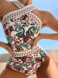 Paisley Chevron Stripe Tape High Neck One Piece Swimsuit