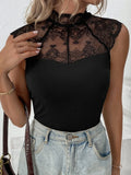 Contrast Lace Mock Neck Tank Top - All About Eg