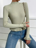 Mock Neck Flounce Sleeve Ruffle Hem Sweater