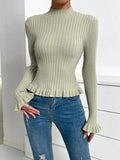 Mock Neck Flounce Sleeve Ruffle Hem Sweater - All About Eg