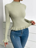 Mock Neck Flounce Sleeve Ruffle Hem Sweater