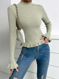 Mock Neck Flounce Sleeve Ruffle Hem Sweater