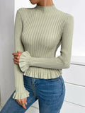 Mock Neck Flounce Sleeve Ruffle Hem Sweater