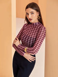 Modely Mock Neck Houndstooth Mesh Top Without Bandeau - All About Eg