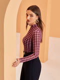 Modely Mock Neck Houndstooth Mesh Top Without Bandeau - All About Eg