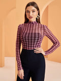 Modely Mock Neck Houndstooth Mesh Top Without Bandeau