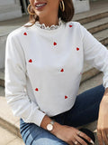 Heart Embroidery Lace Trim Sweatshirt - All About Eg