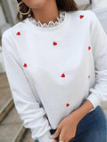 Heart Embroidery Lace Trim Sweatshirt - All About Eg