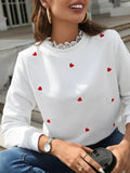 Heart Embroidery Lace Trim Sweatshirt - All About Eg