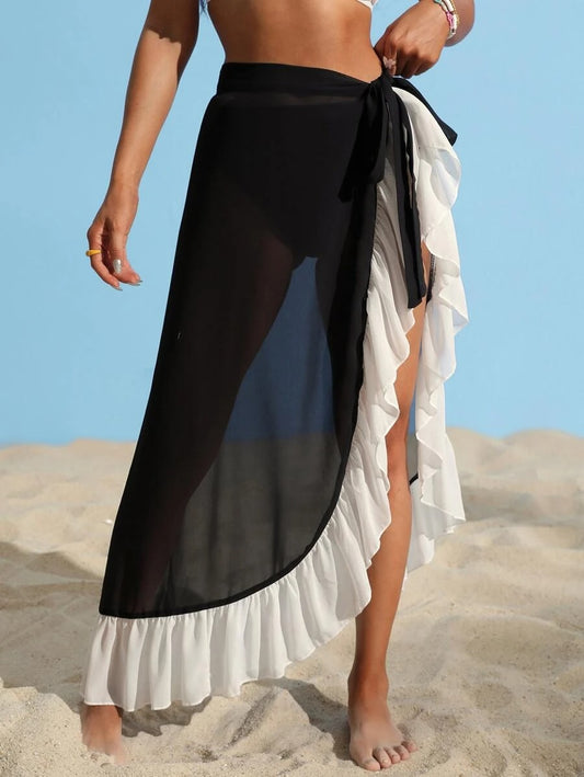 Colorblock Ruffle Hem Cover Up Skirt - All About Eg