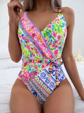 Floral Print Knot Front One Piece Swimsuit - All About Eg