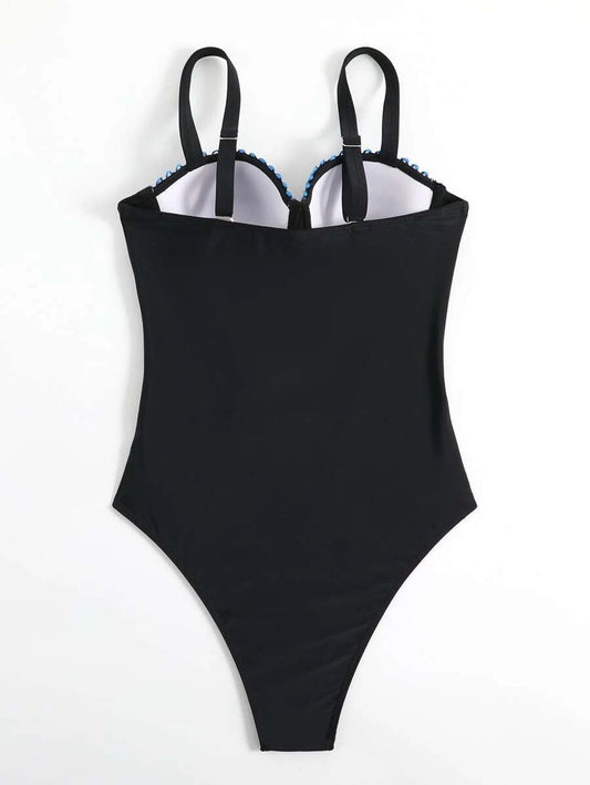 Contrast Sequin Tape Push Up One Piece Swimsuit - All About Eg