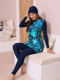 Tropical Print High Neck Full Body Swimsuit With Swim Cap