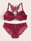 Floral Lace Cutout Crochet Lingerie Set - All About Eg