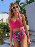 Tropical Print Bikini Set Halter Push Up Top & Tummy Control High Waisted Bottom 2 Piece Swimsuit